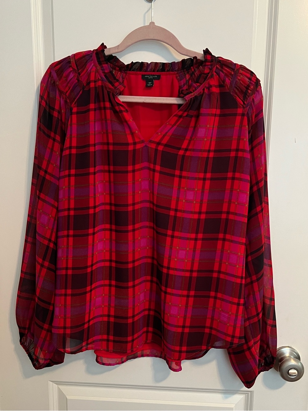 Ann Taylor Red Plaid Ruffled V-Neck Blouse